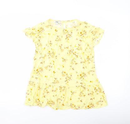 Additional front view of C&A women’s yellow floral cotton basic blouse, size UK 6, round neck