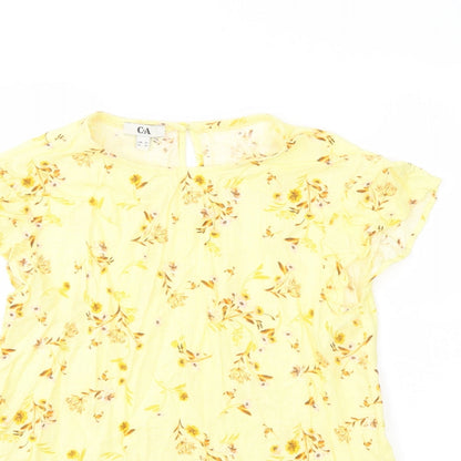 Close-up detail of C&A women’s yellow floral cotton basic blouse, size UK 6, round neck