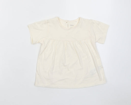 Marks and Spencer Girls Beige Cotton Basic T-Shirt Size 2-3 Years Crew Neck Button - Pleated
