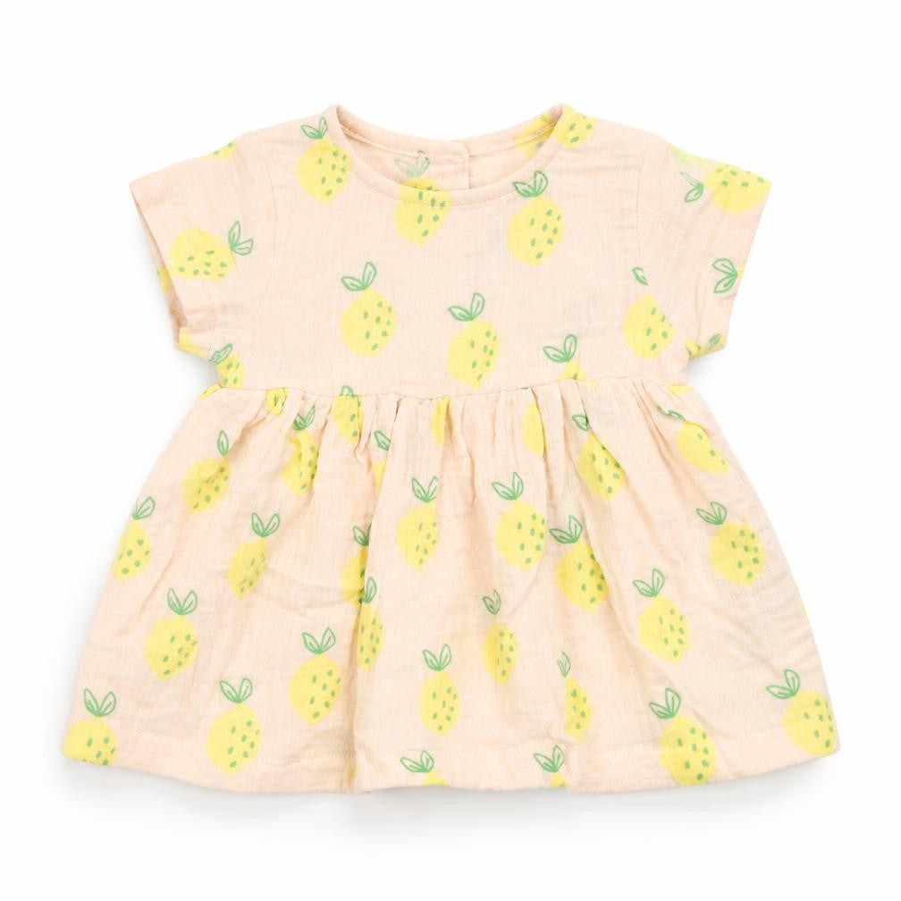 Marks & Spencer Girls Pink Geometric Cotton A-Line Size 0-3 Months Crew Neck Button - Lemon Print