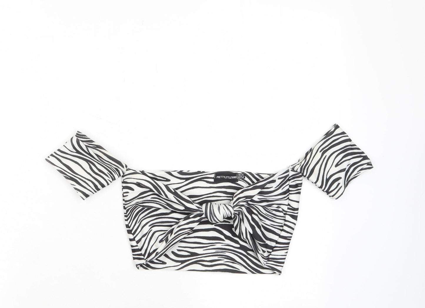 PRETTYLITTLETHING Womens White Animal Print Polyester Cropped T-Shirt Size 10 Off the Shoulder - Twist Front