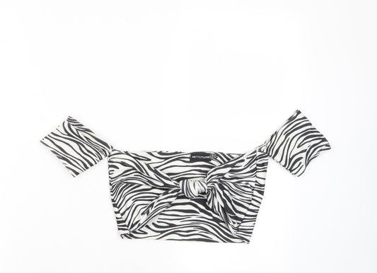 PRETTYLITTLETHING Womens White Animal Print Polyester Cropped T-Shirt Size 10 Off the Shoulder - Twist Front