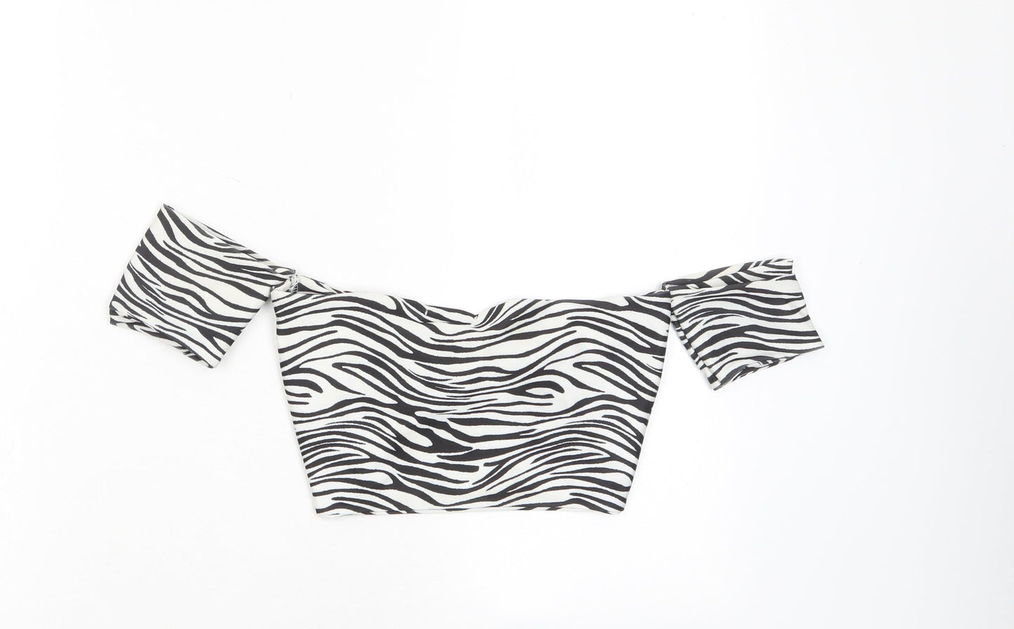 PRETTYLITTLETHING Womens White Animal Print Polyester Cropped T-Shirt Size 10 Off the Shoulder - Twist Front