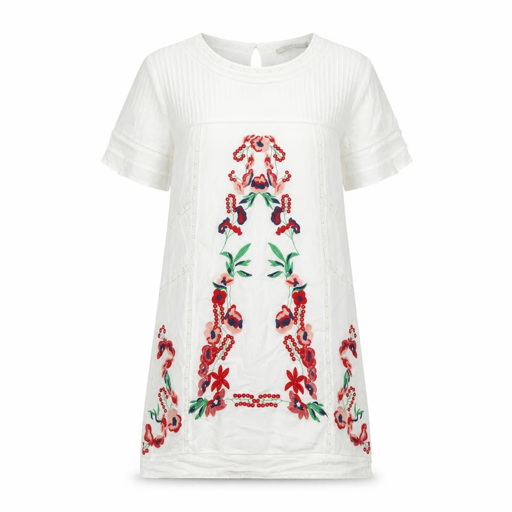 ANANY Womens White Floral Polyester A-Line Size S Crew Neck Button - Embroided