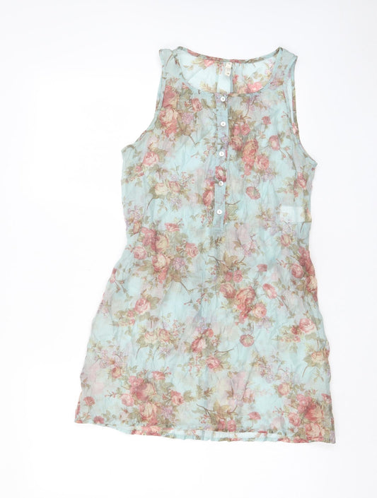 Yargici Womens Multicoloured Floral Nylon A-Line Size 8 Scoop Neck Button - Belted