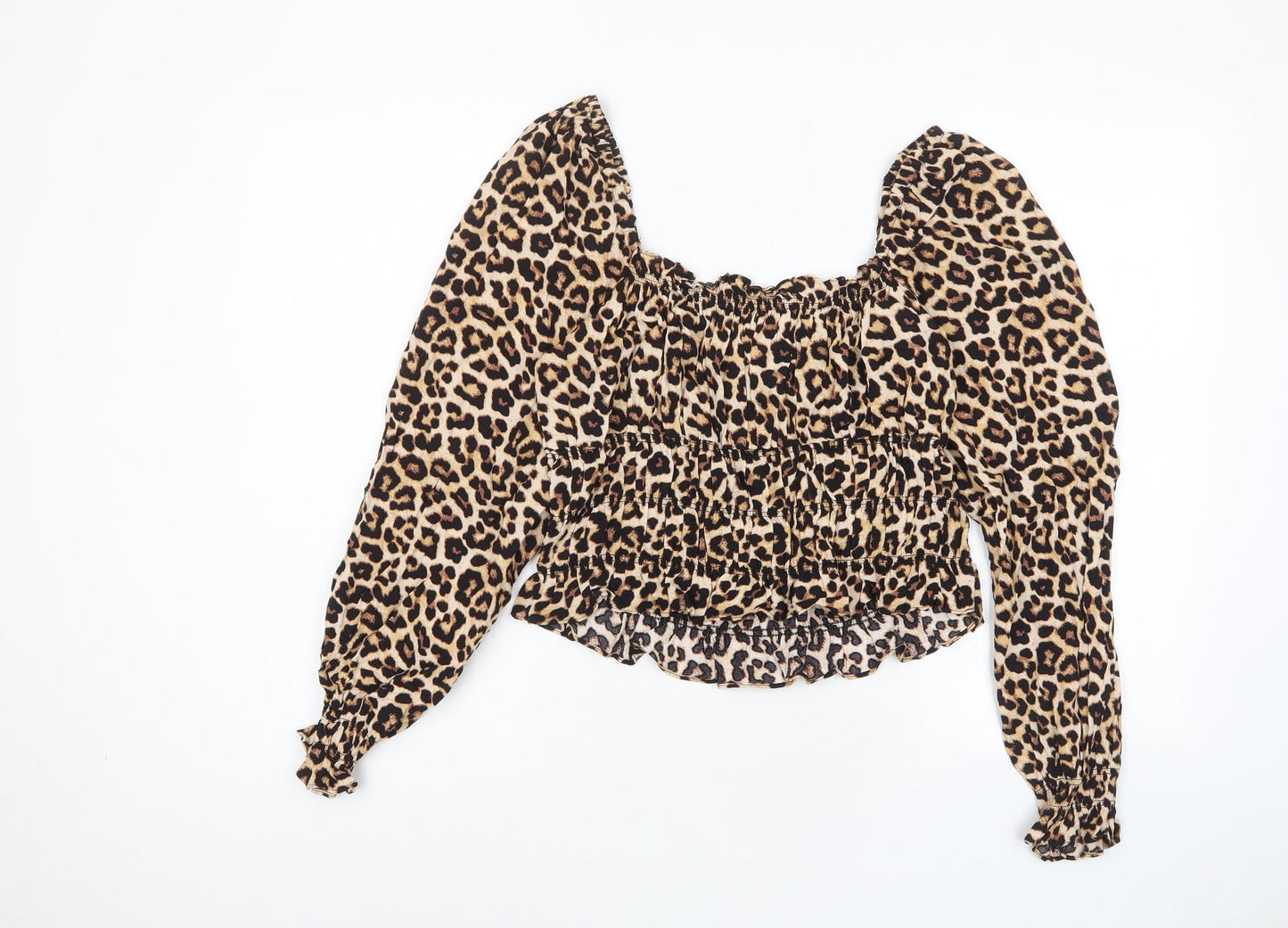 H&M Womens Brown Animal Print Viscose Basic Blouse Size L Square Neck
