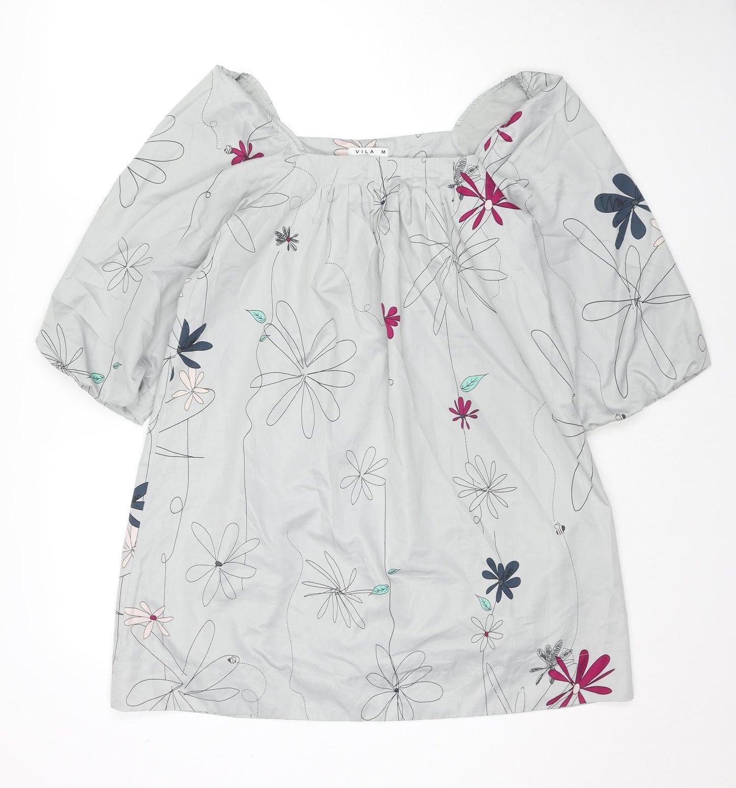 VILA Womens Grey Floral Polyester Tunic Blouse Size M Square Neck