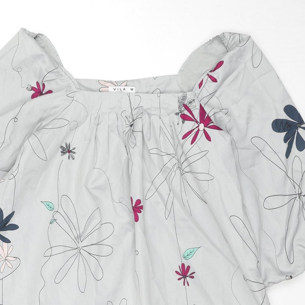 VILA Womens Grey Floral Polyester Tunic Blouse Size M Square Neck