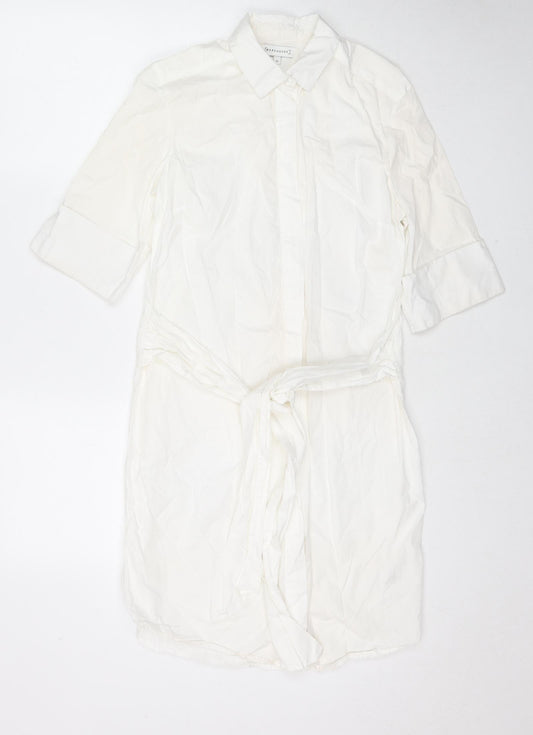 Warehouse Womens White Cotton Shirt Dress Size 10 Collared Button - Belted