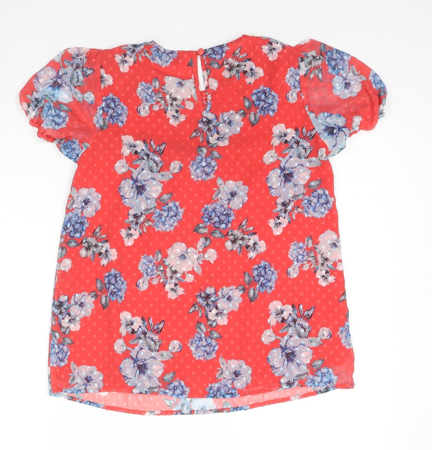 Dotti Womens Red Polka Dot Polyester Basic Blouse Size 8 Round Neck - Flowers