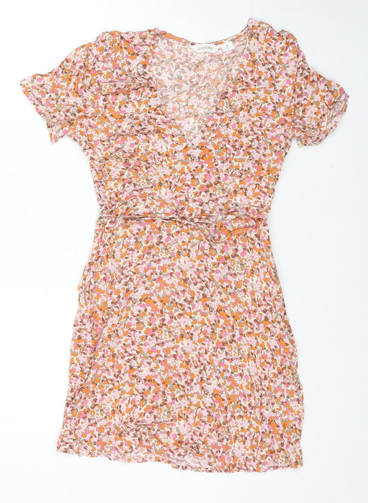 Glassons Womens Orange Floral Viscose Mini Size 8 V-Neck Zip