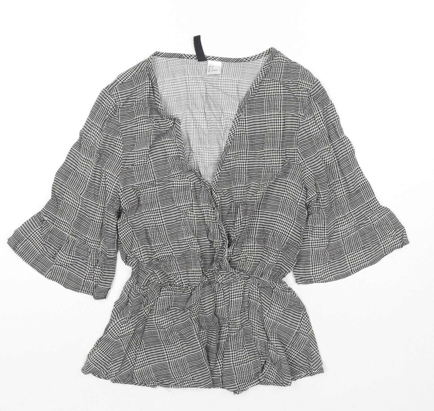 H&M Womens Black Check Viscose Basic Blouse Size 8 V-Neck