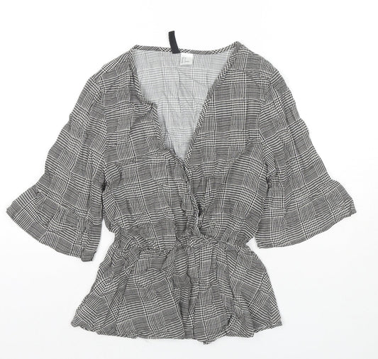 H&M Womens Black Check Viscose Basic Blouse Size 8 V-Neck