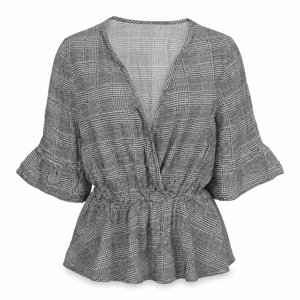 H&M Womens Black Check Viscose Basic Blouse Size 8 V-Neck