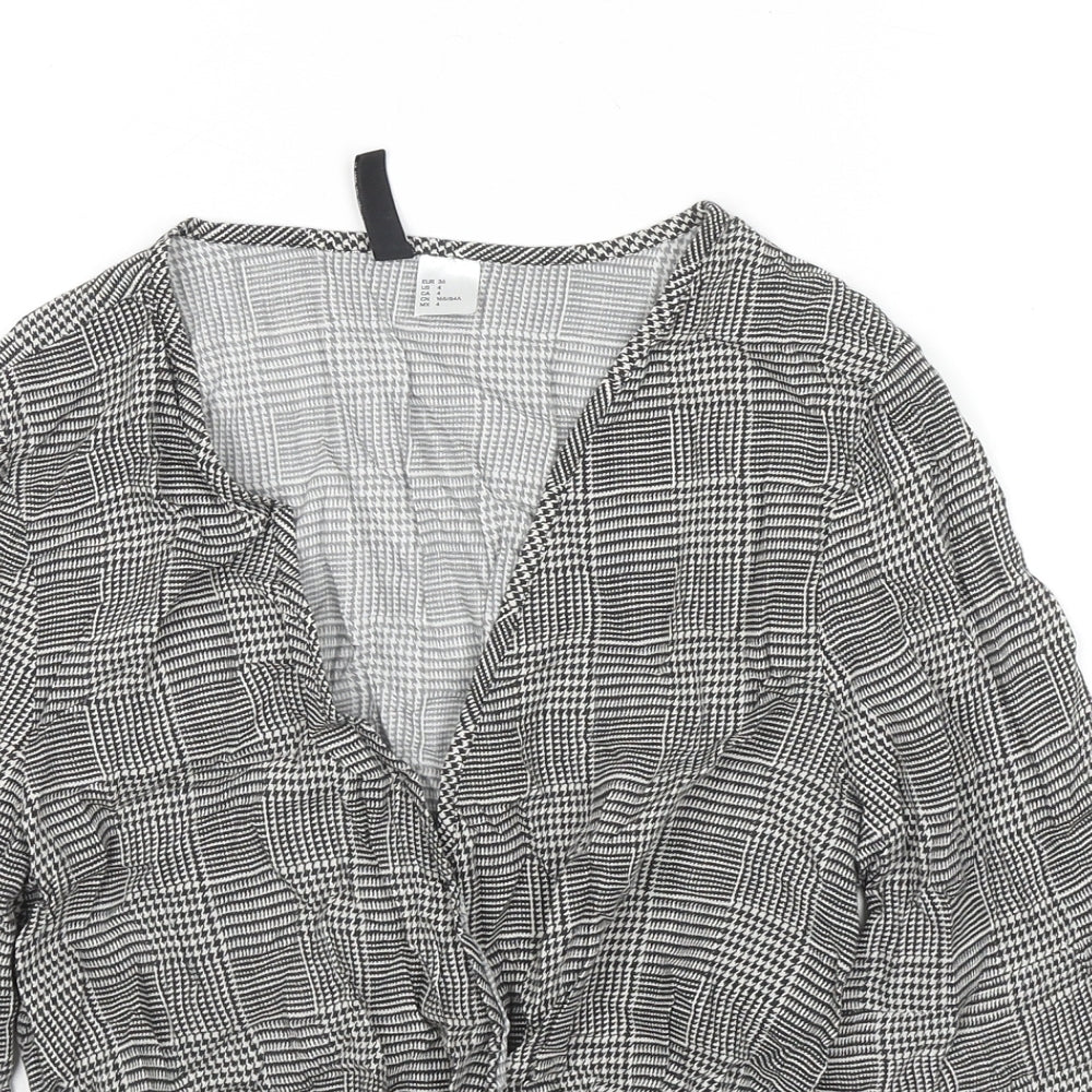 H&M Womens Black Check Viscose Basic Blouse Size 8 V-Neck