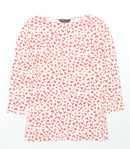 Marks and Spencer Womens Multicoloured Geometric Cotton Basic T-Shirt Size 8 Boat Neck - Hearts
