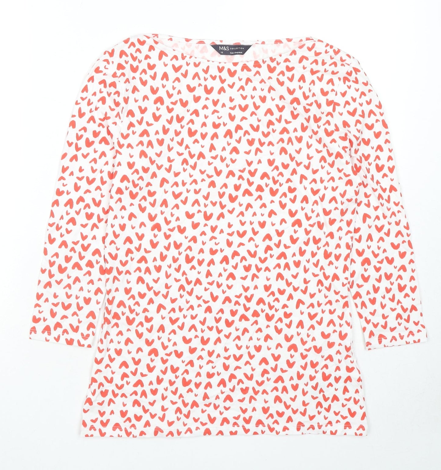 Marks and Spencer Womens Multicoloured Geometric Cotton Basic T-Shirt Size 10 Boat Neck - Hearts