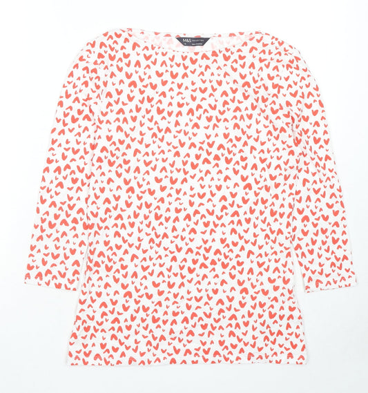 Marks and Spencer Womens Multicoloured Geometric Cotton Basic T-Shirt Size 10 Boat Neck - Hearts
