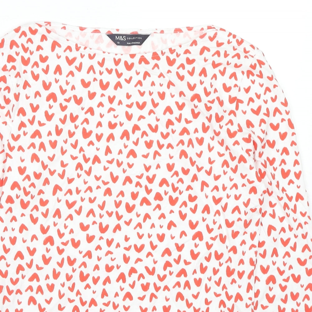 Marks and Spencer Womens Multicoloured Geometric Cotton Basic T-Shirt Size 10 Boat Neck - Hearts