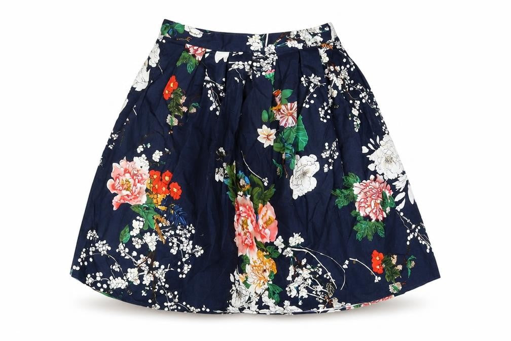 Grace Karin Womens Blue Floral Cotton A-Line Skirt Size S Zip