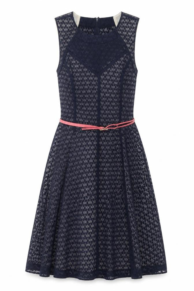 Oasis Womens Blue Geometric Cotton A-Line Size 8 Round Neck Pullover - Belted