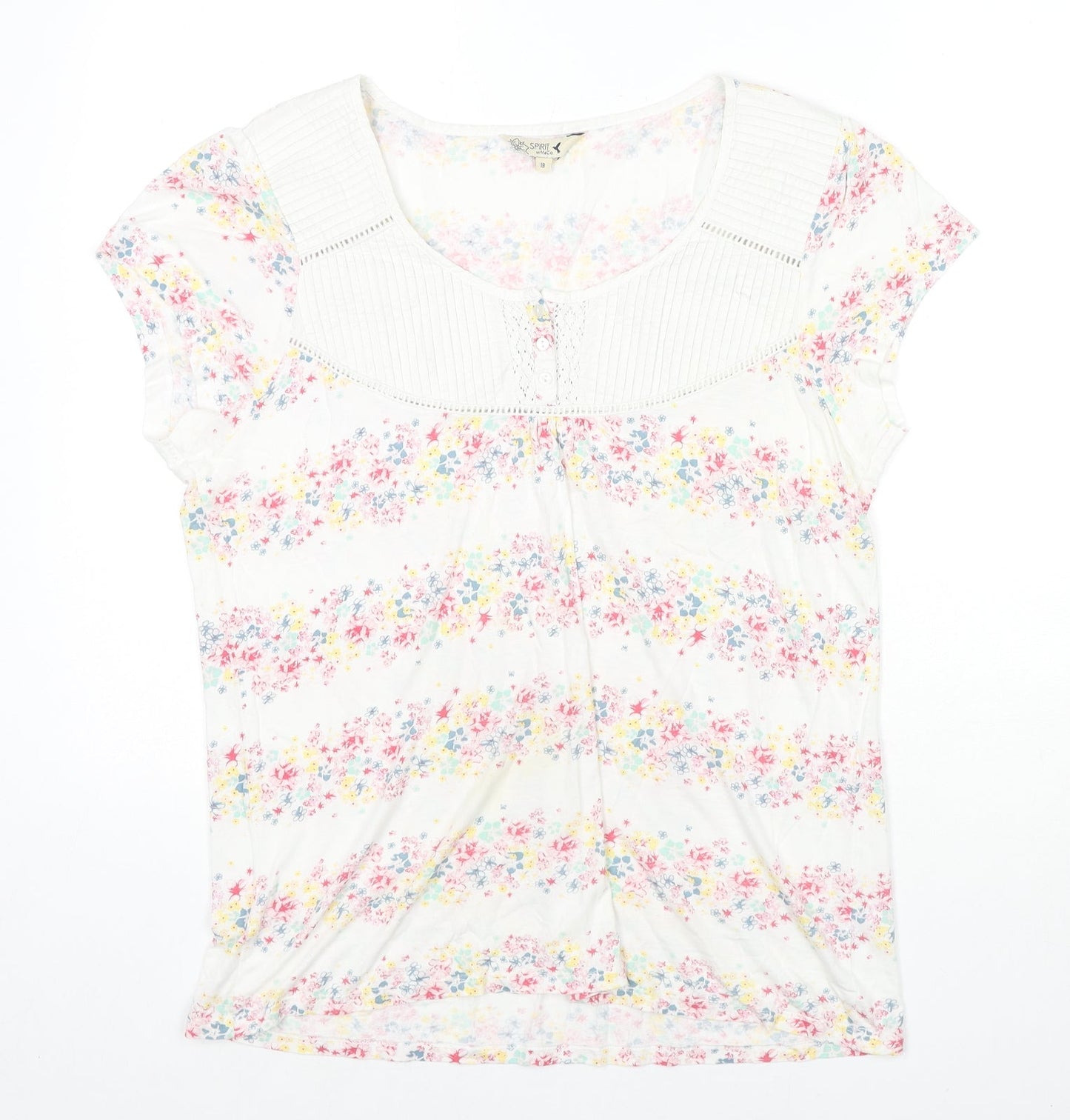 M&Co Womens White Floral Cotton Basic T-Shirt Size 18 Scoop Neck