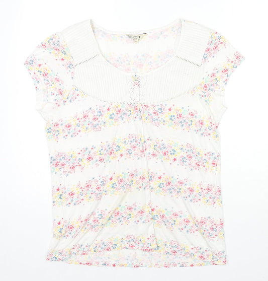 M&Co Womens White Floral Cotton Basic T-Shirt Size 18 Scoop Neck