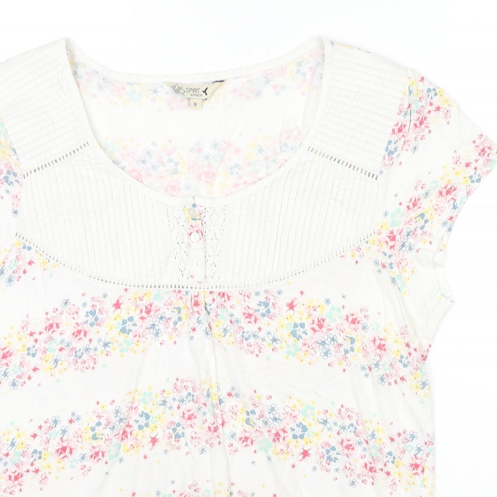 M&Co Womens White Floral Cotton Basic T-Shirt Size 18 Scoop Neck