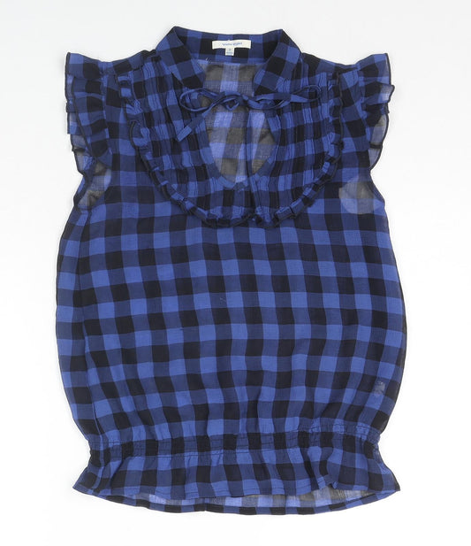 ValleyGirl Womens Blue Check Polyester Basic Blouse Size 6 V-Neck
