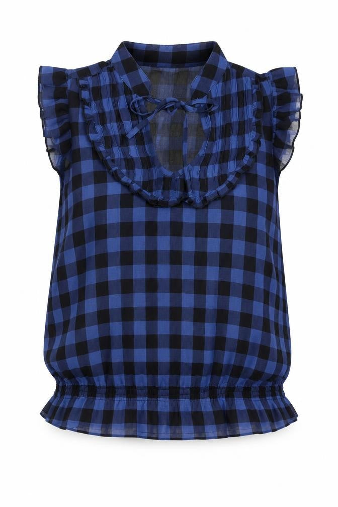 ValleyGirl Womens Blue Check Polyester Basic Blouse Size 6 V-Neck
