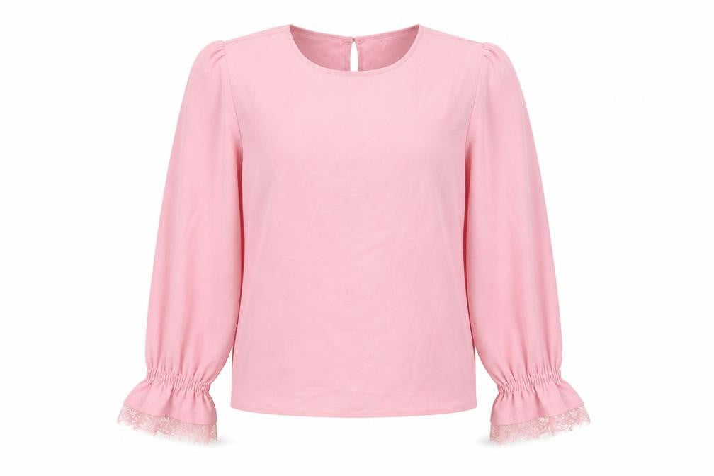 Pieces Womens Pink Polyester Basic Blouse Size S Round Neck - Lace