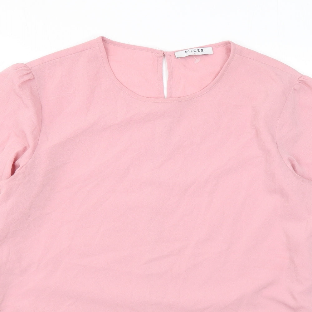 Pieces Womens Pink Polyester Basic Blouse Size S Round Neck - Lace