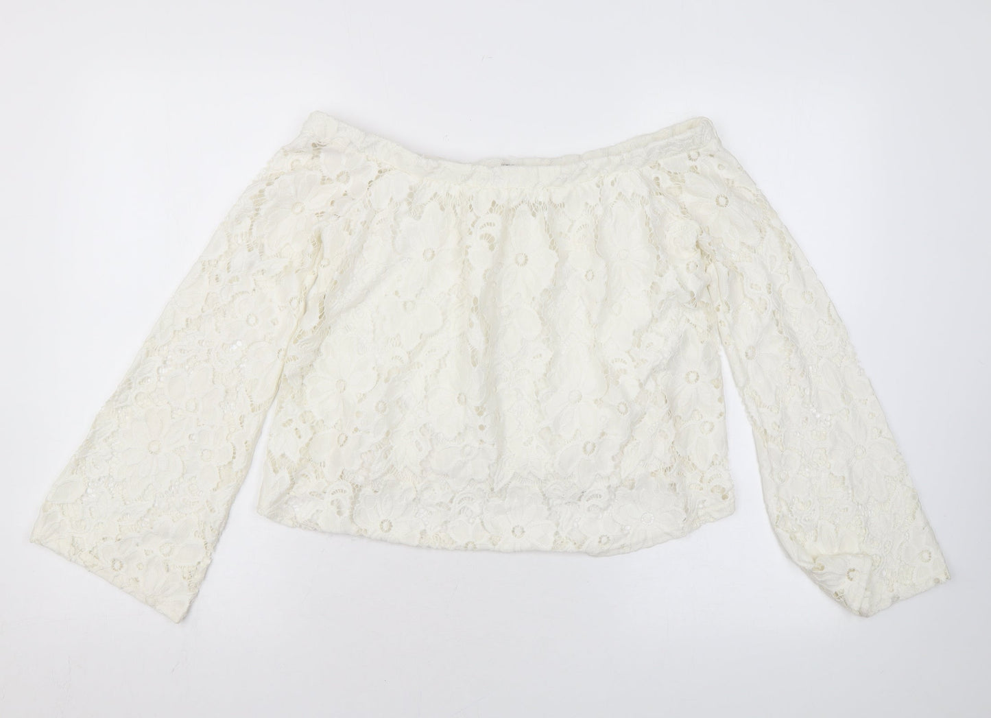 River Island Womens Ivory Floral Nylon Basic Blouse Size 8 Off the Shoulder - Lace