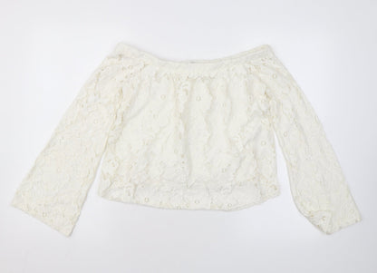 River Island Womens Ivory Floral Nylon Basic Blouse Size 8 Off the Shoulder - Lace