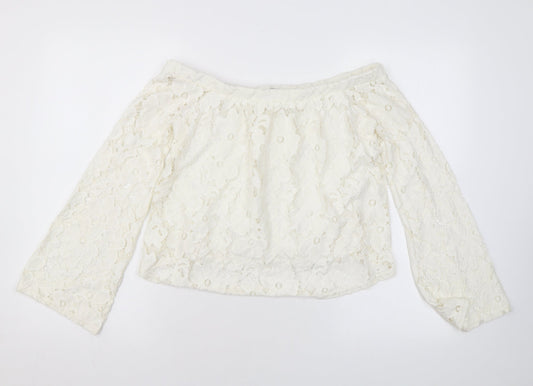 River Island Womens Ivory Floral Nylon Basic Blouse Size 8 Off the Shoulder - Lace