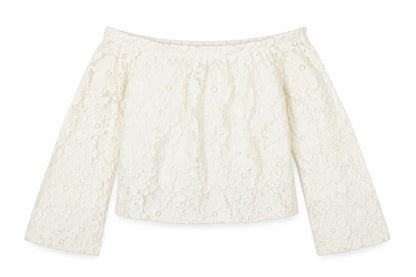River Island Womens Ivory Floral Nylon Basic Blouse Size 8 Off the Shoulder - Lace