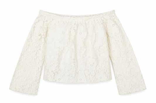 River Island Womens Ivory Floral Nylon Basic Blouse Size 8 Off the Shoulder - Lace