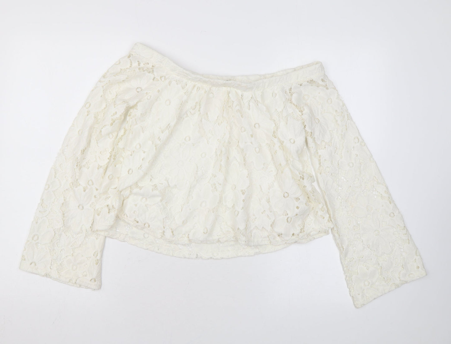River Island Womens Ivory Floral Nylon Basic Blouse Size 8 Off the Shoulder - Lace