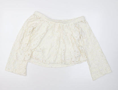 River Island Womens Ivory Floral Nylon Basic Blouse Size 8 Off the Shoulder - Lace
