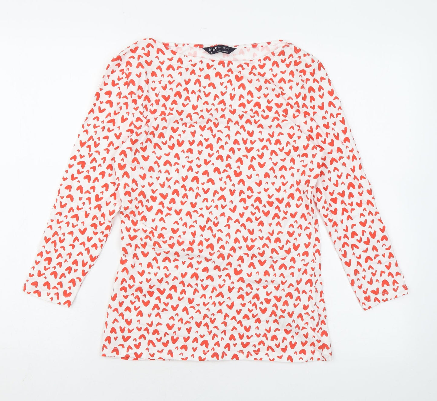 Marks and Spencer Womens White Geometric Cotton Basic Blouse Size 8 Boat Neck - Heart print