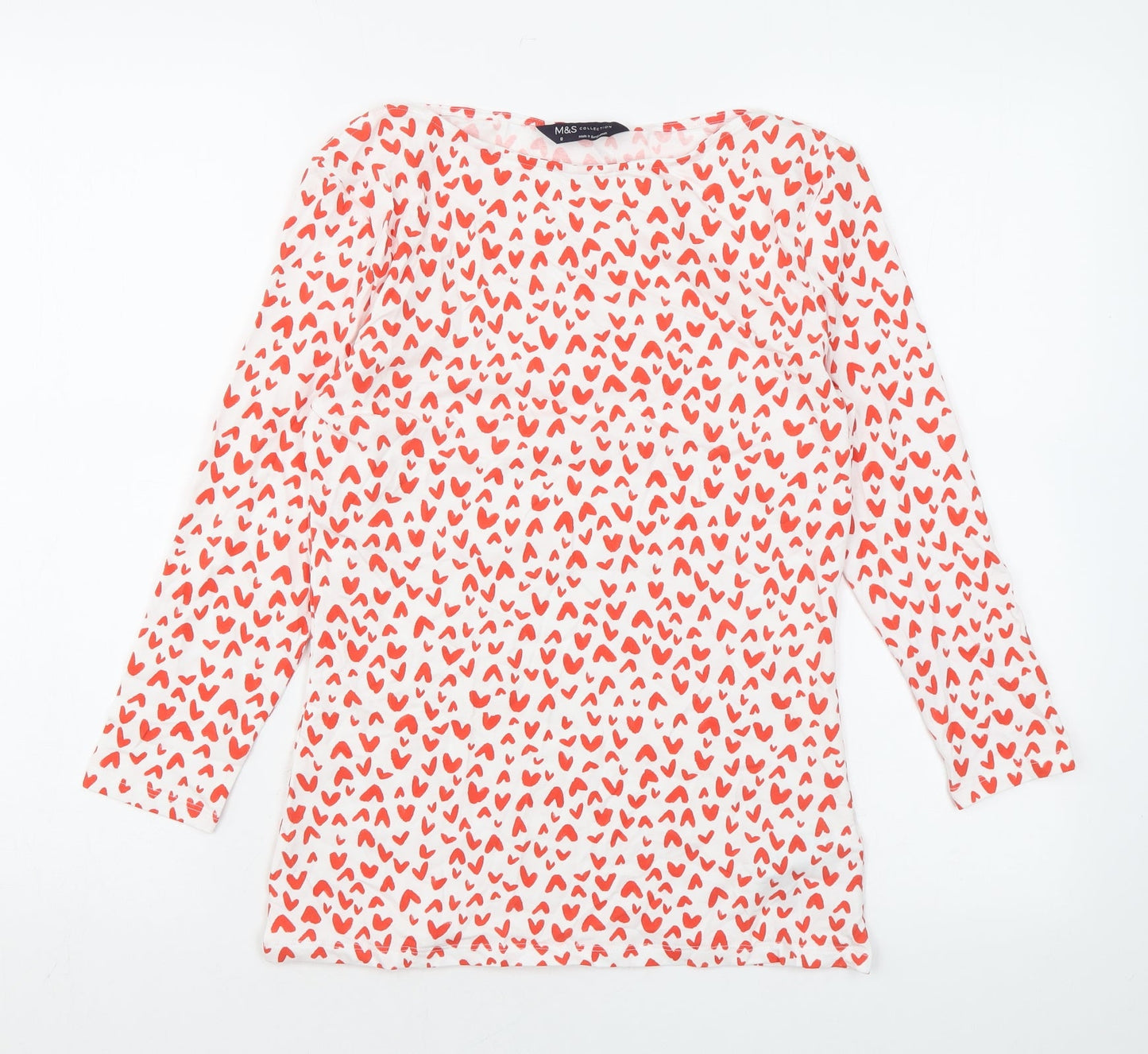 Marks and Spencer Womens White Geometric Cotton Basic Blouse Size 8 Boat Neck - Heart print