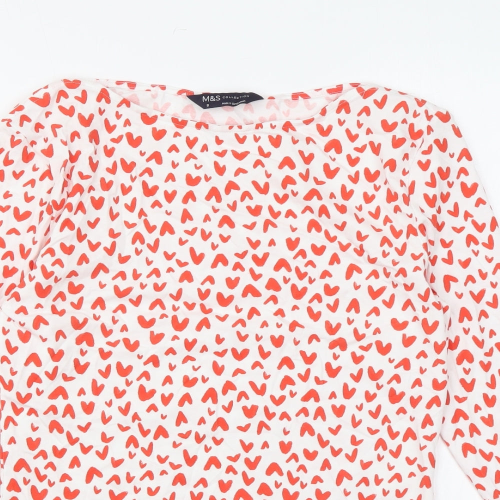 Marks and Spencer Womens White Geometric Cotton Basic Blouse Size 8 Boat Neck - Heart print