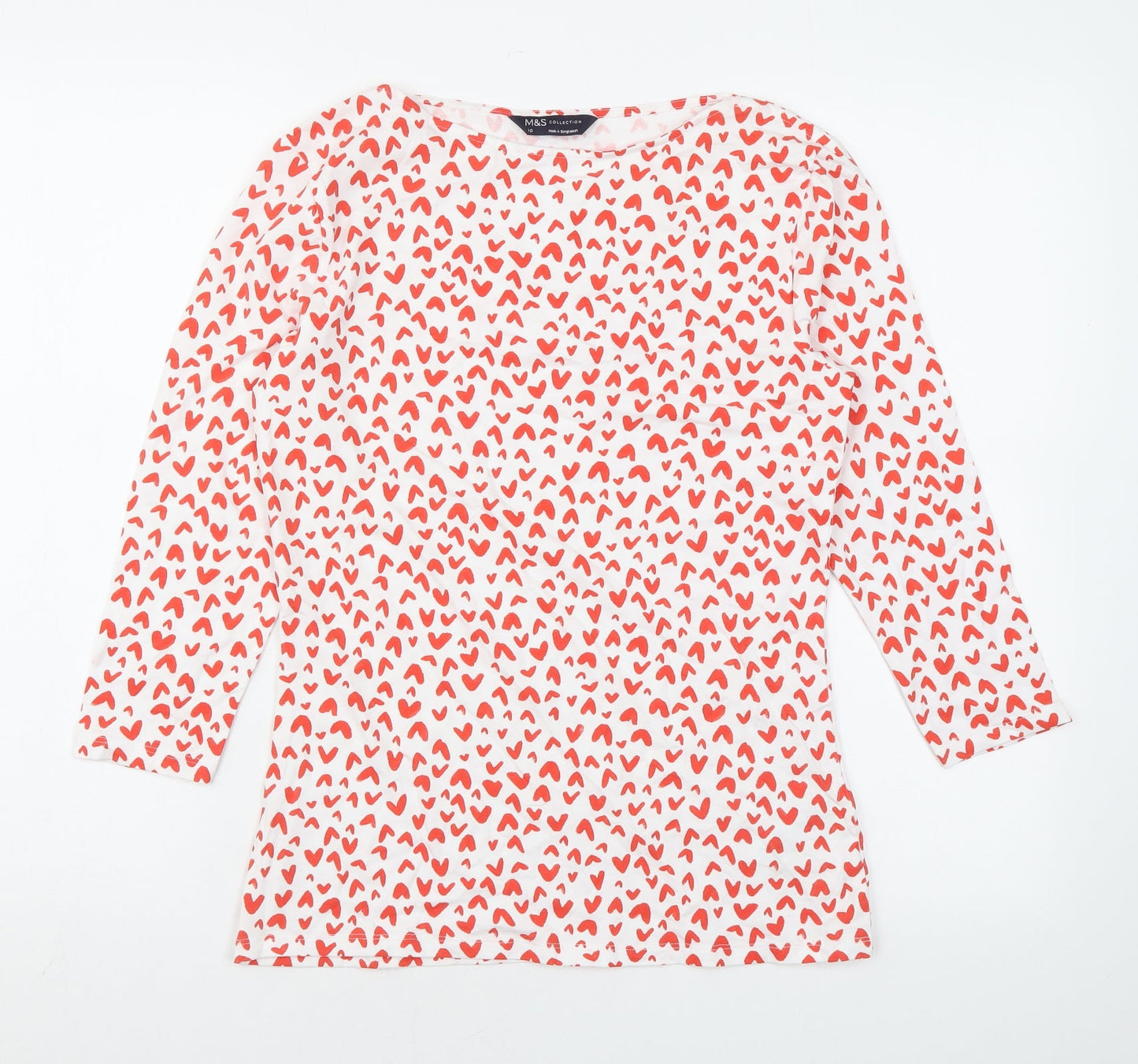Marks and Spencer Womens White Geometric Cotton Basic Blouse Size 10 Boat Neck - Heart print
