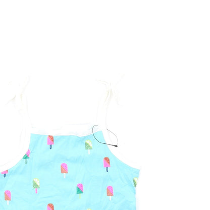 Close-up detail of Marks & Spencer girls’ blue geometric cotton basic tank, size 2-3, years square neck pullover
