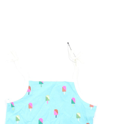 Close-up detail of Marks & Spencer girls’ blue geometric cotton basic tank, size 2-3, years square neck pullover