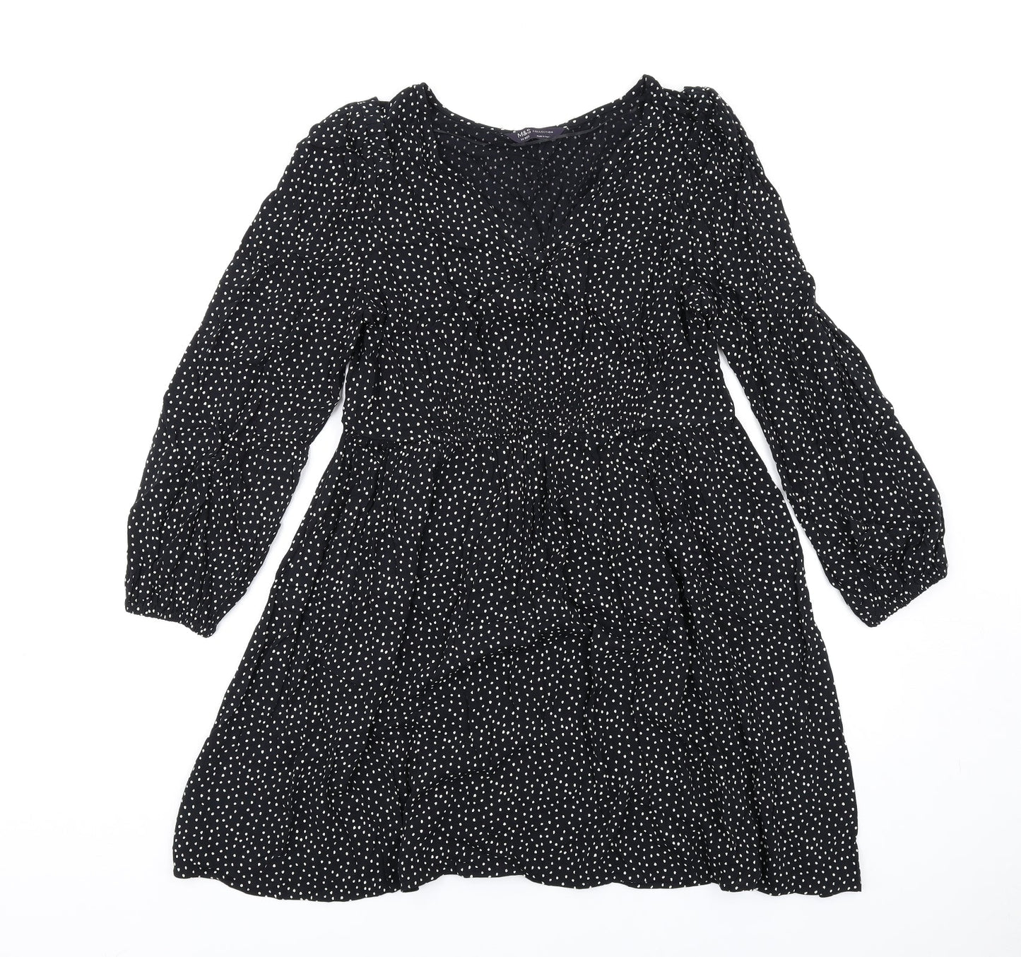 Marks and Spencer Womens Black Polka Dot Viscose Trapeze & Swing Size 14 V-Neck Pullover
