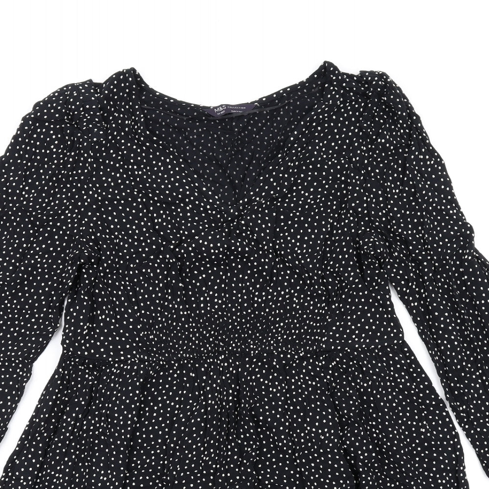 Marks and Spencer Womens Black Polka Dot Viscose Trapeze & Swing Size 14 V-Neck Pullover