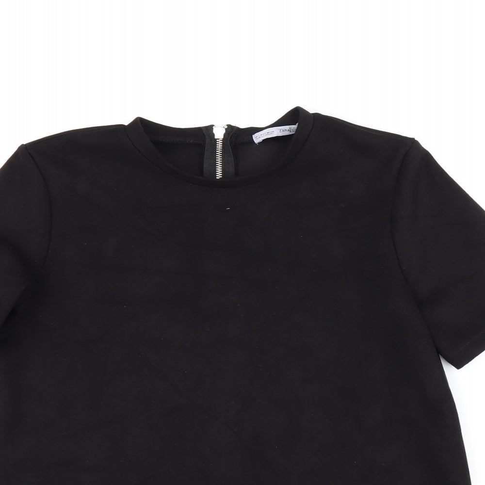 Zara Womens Black Polyester Basic T-Shirt Size S Round Neck - Suede Effect