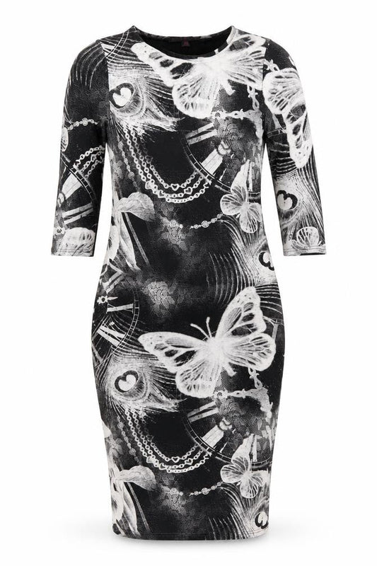 MANDI Womens Black Geometric Viscose Bodycon Size 12 Round Neck Pullover - Butterfly Print