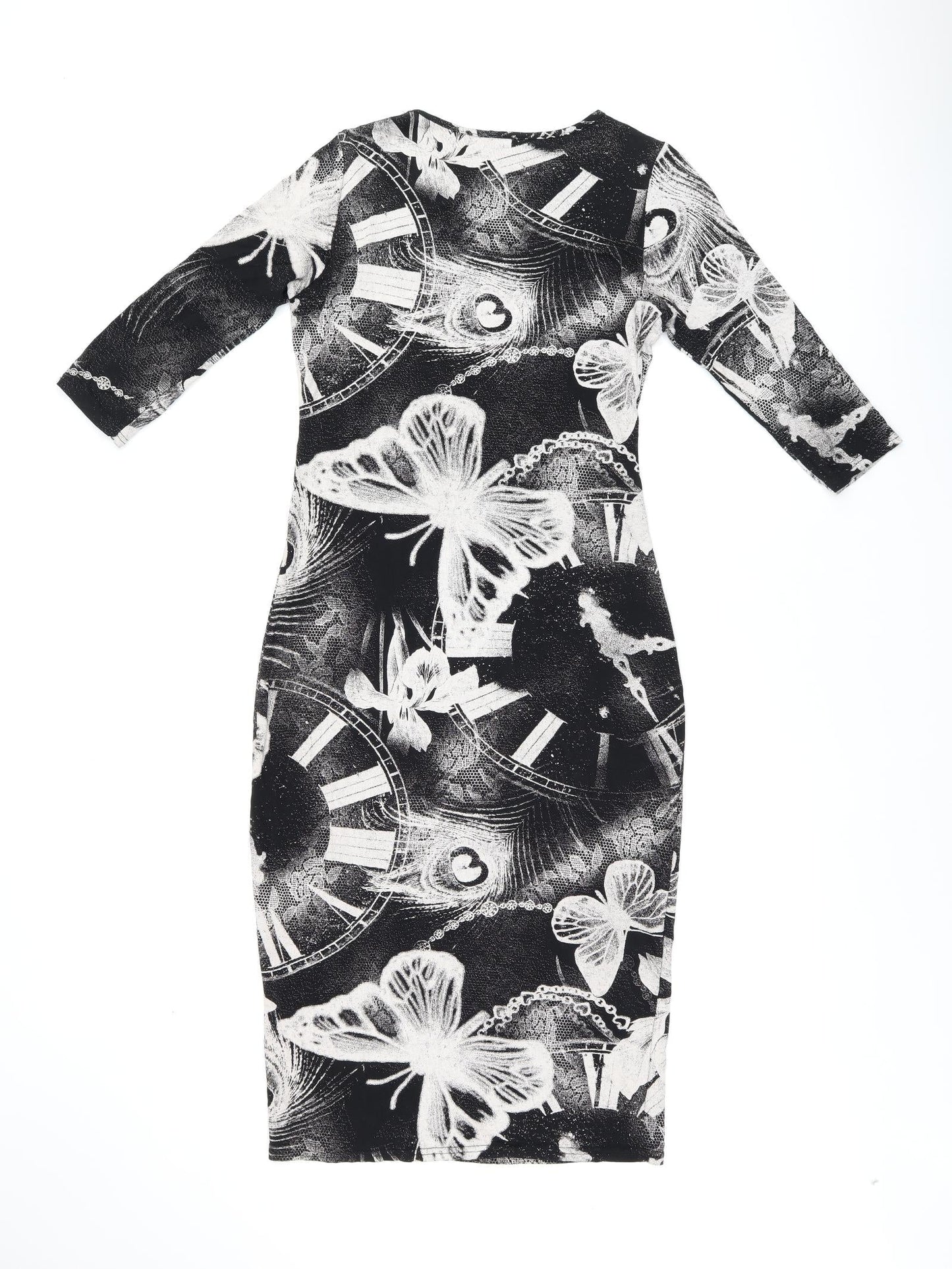 MANDI Womens Black Geometric Viscose Bodycon Size 12 Round Neck Pullover - Butterfly Print